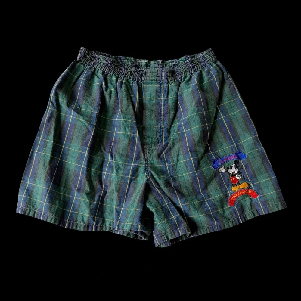 Disney Store Mens Mickey Mouse Plaid Boxer Shorts Green Blue Woven Cotton Small